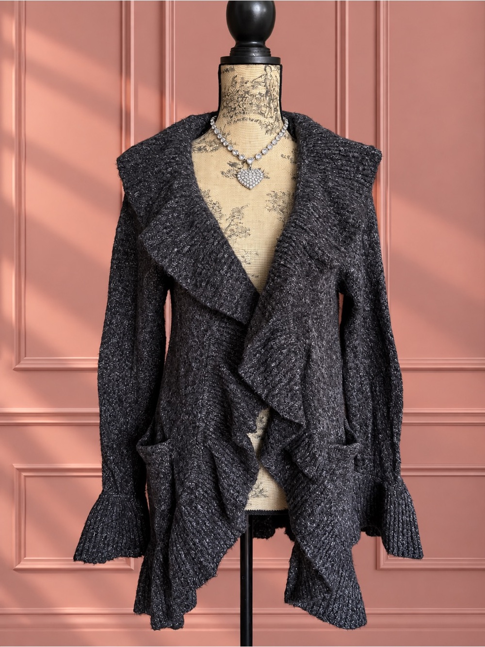 Charcoal Ruffle Open-Front Knit Sweater